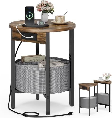VAGUSICC Round Side Table with Charging Station, Small Round Accent End Table with Fabric Basket, Set of 2 Half Moon Tables Coffee Table, Bedside Table, Modern Nightstand for Living Room Bedroom,Brown by Vagusicc