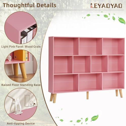 LEYAOYAO 10 Cube Bookshelf,Mid-Century Modern Bookcase with Legs,Light Pink - Image 4
