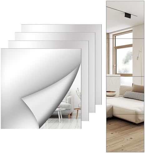 Shiftshade Mirror Wall Full Length,12X12 Inch Unbreakable Mirror Tiles for Bedroom Home Gym Door, Acrylic Squares Mirror Full Body Shatterproof Mirror Stickers for Walls,Mirror Sheets (4pcs) by Unknown