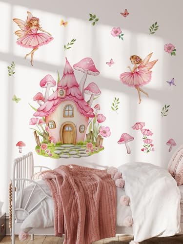 Pink Fairy Mushroom Wall Stickers Decal - Cottage Butterfly Flower Peel & Stick Removable Art Decoration Wall Decor for Girls Bedroom Kids Room Nursery Playroom,100 cm x120 cm by Unknown