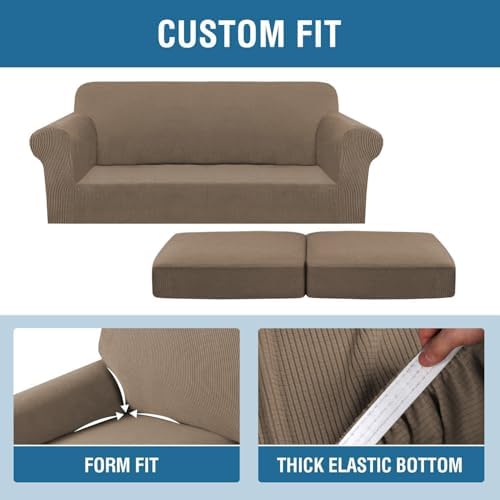 H.VERSAILTEX 3 Piece Stretch Sofa Covers for 2 Cushion Sofa Couch Covers for Living Room Sofa (Base Cover Plus 2 Seat Cushion Covers) Thicker Jacquard Fabric (Large Sofa, Macchiato) - Image 4