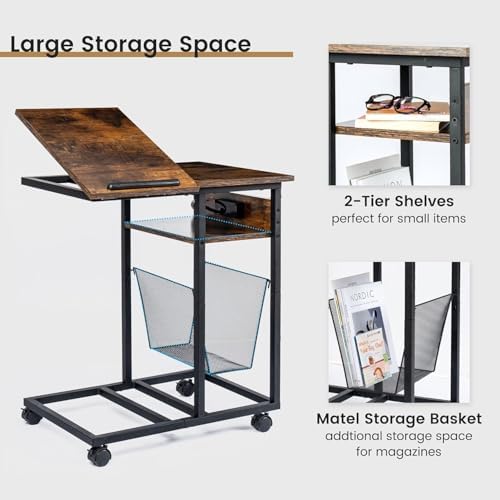 FLYJOE End Table C Shape with Charge Station, Tilting Top Side Table with Magazine Holder and Lockable Wheels, Easy Assembly for Living Room, Bedroom, Industrial Style, Rustic Brown - Image 4