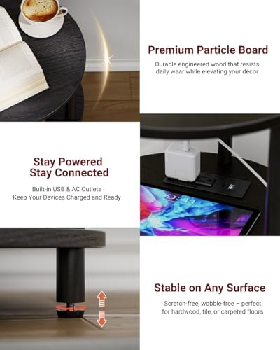 XBurmo Small Round End Table - 3 Tier Design Accent Table, Narrow Side or Bedside Stand, Industrial Vintage Table for Small Spaces, Built-in USB Ports and Power Outlet, Charcoal Wenge - Image 3