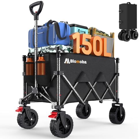 Blomoba Collapsible Wagon Cart, 150L Foldable Wagon with Wide Wheels, Black by Blomoba