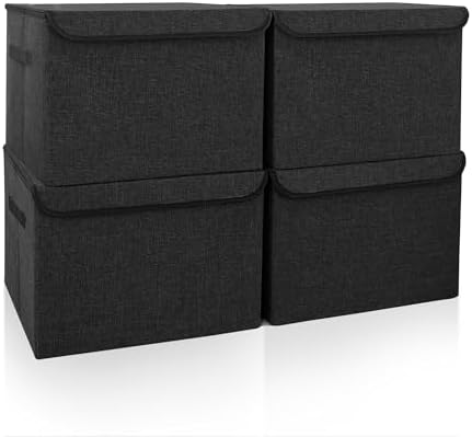 Bagnizer Large 22 Quart Linen Fabric Foldable Storage Bin Cube Organizer Basket with Flip-Top Lid & Handles, Clothes Blanket Box for Home, Office, Closet, Black, 4 Pack 14.6 x 9.5 x 9.5” by Bagnizer