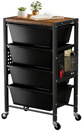 Rolling Cart with 4 Drawers, Plastic Drawer Storage Carts with Wheels & Wooden Tabletop, Metal Utility Cart with Pegboards, Office Living Room Classroom Craft Organization and Storage, Dark Black by TimeForest