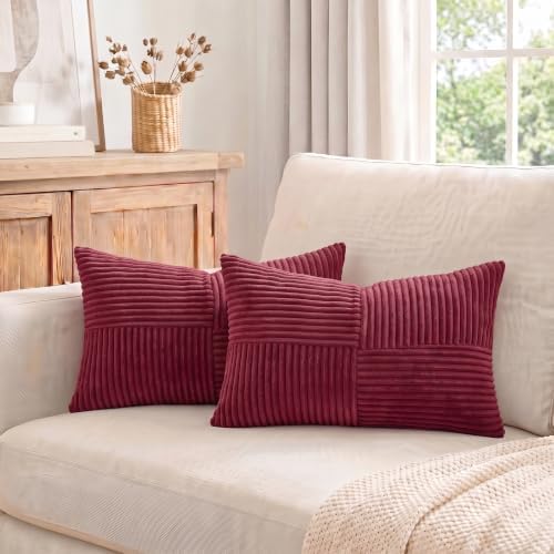 Fancy Homi 2 Packs Burgundy Long Lumbar Decorative Throw Pillow Covers 12x24 Inch for Couch Bed Sofa, Rustic Farmhouse Boho Home Decor, Soft Striped Corduroy Rectangle Accent Cushion Case 30x60 cm - Image 7