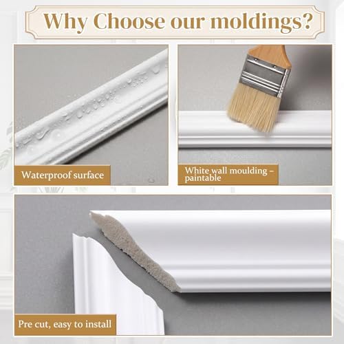Colingmill 3 Sets Pre-Cut Wall Peel and Stick Trim Molding Wall Wainscoting Panels 3D Self Adhesive Baseboard Molding Trim for Interior Decoration Living Room Bedroom Accent (54 x 24 x 1.57 in,White) - Image 5
