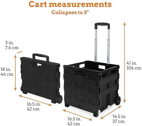Inspired Living Collapsible Ultra-Slim Pack-N-Roll, 2 Wheel Utility Cart , With Telescopic Handle - Super Strong up to 80 Lbs Load Capacity, Black - Image 2