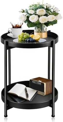 Foldable 2-Tier Round Side Table, Metal End Table with Storage for Indoor Outdoor Use, Small Coffee Table for Living Room, Bedroom, Patio, Black​ by Unknown