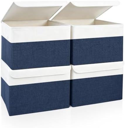 Bagnizer Large 22 Quart Linen Fabric Foldable Storage Bin Cube Organizer Basket with Flip-Top Lid & Handles, Clothes Blanket Box for Home, Office, Closet, Navy Blue & White, 4 Pack 14.6 x 9.5 x 9.5 by Bagnizer