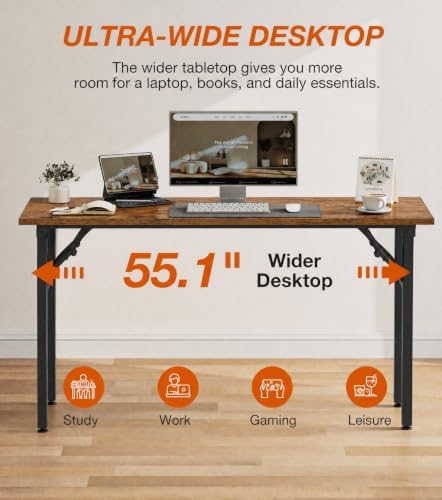 XBurmo Folding Desk Foldable Table, No Assembly 55.1" Foldable Desk Space-Saving Workstation for Small Space, Computer Table, Flat Storage for Home Office, Bedroom, Dorm, Study Room, Rustic Brown - Image 5