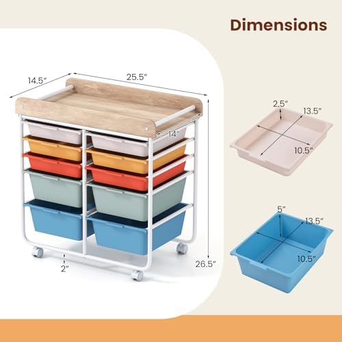 Giantex Rolling Storage Cart with 10 Drawers, Utility Cart w/Wooden Tabletop, Handle, Lockable Wheels, Multipurpose Organizer for Art Craft Scrapbooks Paper, Drawer Carts for School Office, Macaron - Image 3