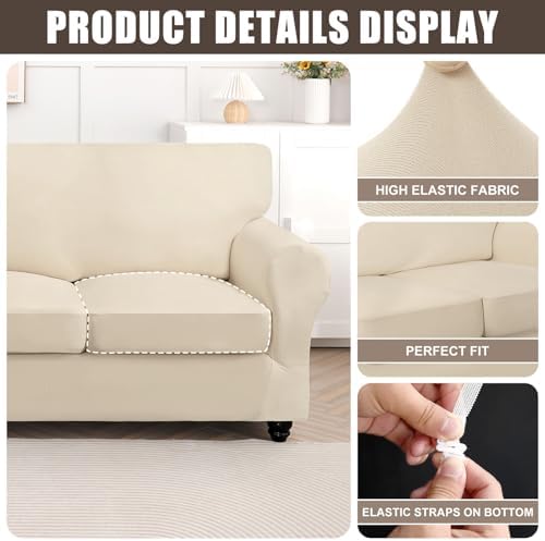SearchI Stretch Sofa Cover Couch Cover, 4 Pieces Sofa Slipcover with 3 Separate Cushion Cover, Washable Furniture Protector for Living Room(Sofa, Beige) - Image 2