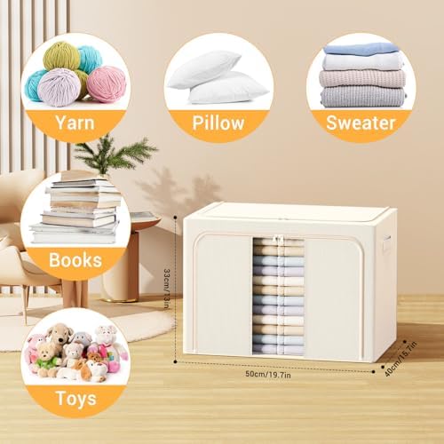 Clothes Storage Bins with Metal Frame, Foldable Clothes Organizers Storage Containers for Clothes, Sheets, Blankets, Pillows and Towels (66L, 3 Pack) Beige - Image 2
