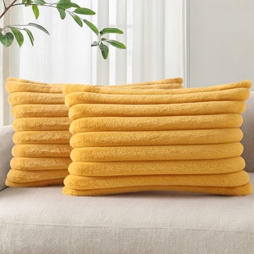 Pallene Faux Fur Decorative Throw Pillow Covers 12x20 Set of 2, Yellow by PALLENE