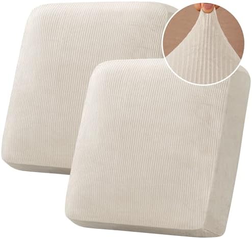H.VERSAILTEX Velvet Stretch Couch Cushion Cover Plush Cushion Slipcover for Chair Loveseat Sofa Cushion Furniture Protector Seat Cushion Sofa Cover (2 Piece Large Sofa Cushion Covers, Ivory Striped) by HVERSAILTEX