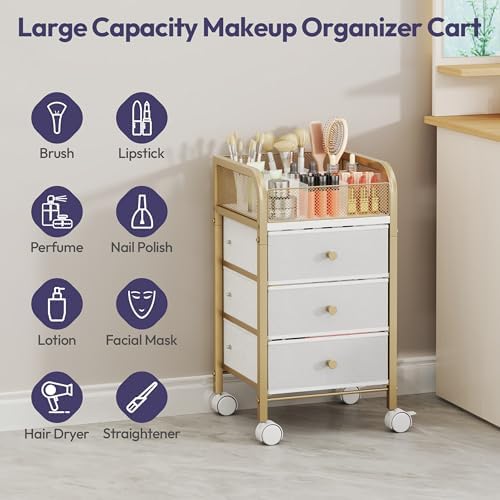 SWTYMIKI Rolling Makeup Organizer Cart - Under Desk Vanity Makeup Storage with 3 Non-woven Drawers, Nail Cart Organizer Cosmetic Display Cases Cabinet for Skin Care Perfume Nail Polish Brush Hair Tool - Image 6