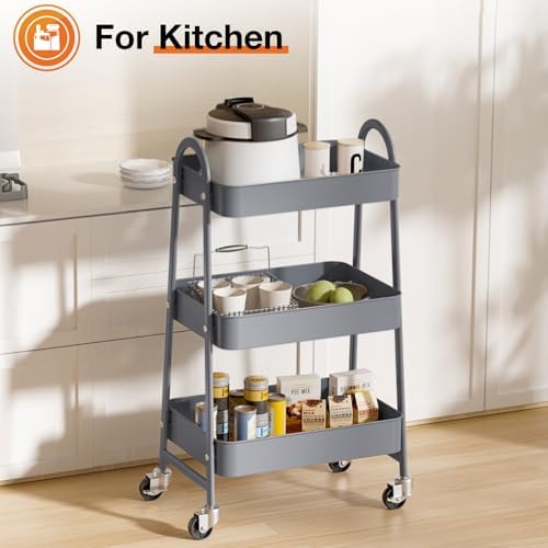 NEWBULIG 3-Tier Metal Rolling Cart with Lockable Wheels, Heavy Duty Mobile Utility Storage Shelf, Roller Book Snack Cart, Grey - Image 6