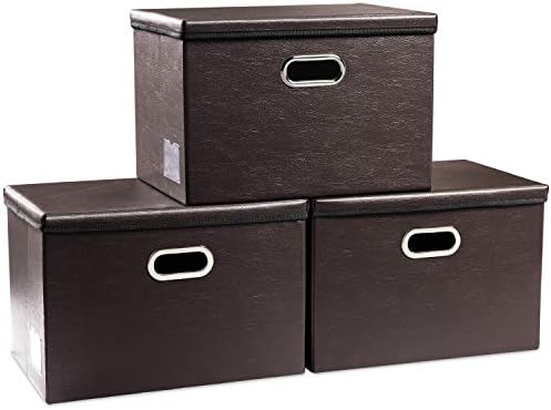 PRANDOM Collapsible Storage Bins with Lids [3-Pack] Leather Fabric Foldable Storage Boxes Organizer Containers Baskets Cube with Cover for Bedroom Closet Office Nursery Brown (14.9x10.8x10) by Prandom