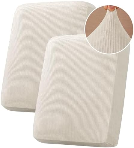 H.VERSAILTEX Velvet Stretch Couch Cushion Cover Plush Cushion Slipcover for Chair Loveseat Sofa Cushion Furniture Protector Seat Cushion Sofa Cover (2 Piece Medium Sofa Cushion Covers, Ivory Striped) by HVERSAILTEX