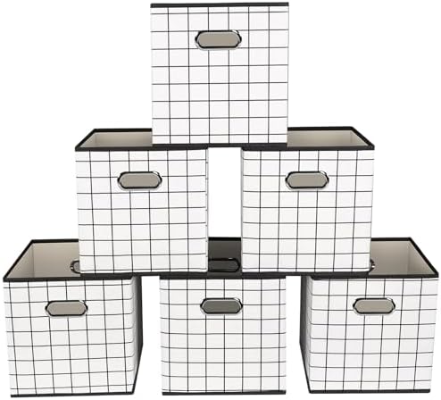 Yunkeeeper storage bins Cubes, Fabric Cube Organizer with Handle, Foldable Cube Bins for Cloth or Accessary Storage, 11x11x11, Set of 6, (White grid) by Yunkeeper