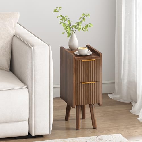 ELYKEN 7.9" Fluted Narrow Nightstand, 20.6" H Skinny Side Table, Walnut by ELYKEN