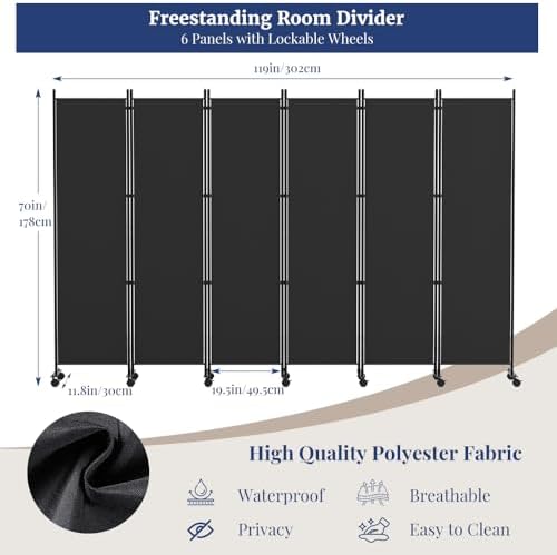 Kokorona 6 Panel Room Divider, 6FT Tall Rolling Privacy Screen with Lockable Wheels, Folding Wall Dividers Portable Room Divider for Room Separation, Included - Cover Strips, Black, 119''W x 70''H - Image 2