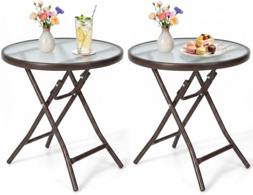 GIANTEX Folding Side Table w/Tempered Glass Tabletop & Metal Frame Set of 2 by Giantex