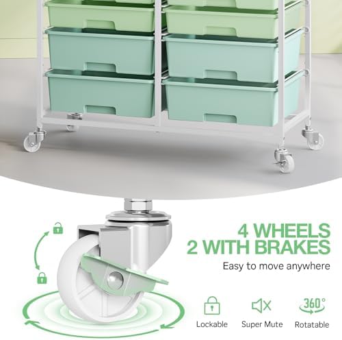 TOOLF 12 Drawers Rolling Storage Cart with Wooden Top for Classroom,Green - Image 4