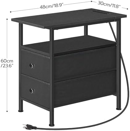 HOOBRO End Table with Charging Station, Narrow Side Table, Nightstand with 2 Non-Woven Drawers, Slim Sofa Side Table, for Small Spaces, Living Room, Bedroom, Black BB486UBZ01 - Image 3