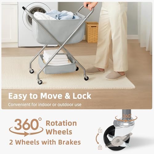 STORAGE MANIAC Collapsible Laundry Cart with Wheels 31.5"H Rolling Laundry Hamper Clothes Basket with Wheels, Canvas Liner Sturdy Steel Frame Folding for Small Narrow Space Easy Storage, Grey - Image 5