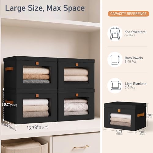 DIMJ Storage Bins with Lids - 6 Pack Front Opening Stackable Fabric Storage Boxes with Clear Window & Handles, Collapsible Closet Organizers for Clothes, Sweaters, Shelf Storage, Bedroom, Black - Image 6