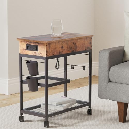 Colima Lift Top End Table with Charging Station and Wheels (Rustic Wood) - Image 2
