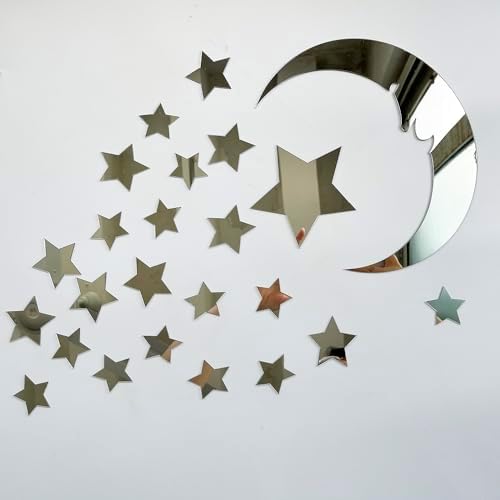 37pcs 3D Moon and Stars Silver Acrylic Wall Stickers with Adhesive Art Decal Satin Paper Baby Kids Bedroom Home DIY Decor Removable Stickers (Moon and Stars) - Image 2