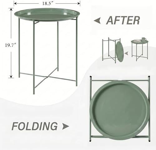 VECELO Side/End Table, Folding Round Metal Anti-Rust and Waterproof Outdoor or Indoor Tray for Living Room Bedroom Balcony and Office, 2 PCS, Dark Green - Image 3