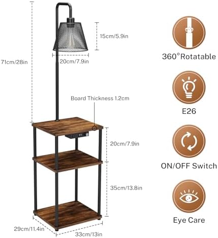 Floor Lamp with Table and Shelves, Side Table with USB Charging Port and Outlet, Modern Bedside Nightstand End Table with Lamp for Living Room, Bedroom, Guest Room, Bulb Included - Image 5
