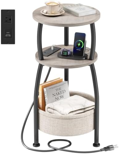 Side Table with Charging Station, Small Round End Table with Basket by designyourhome
