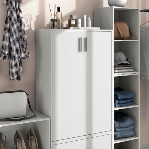 Homes: Inside + Out Apexa 3-Tier Stackable Wood Bookcase with Doors, Cube Storage Organizer Shelves, Small Food Pantry Cabinet, Dorm Teen Room Decor & Bedroom, Home Office, Kitchen, White - Image 4