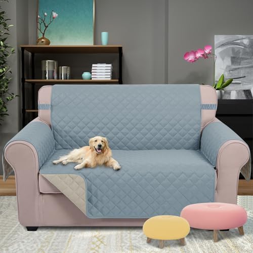 U-NICE HOME Loveseat Sofa Cover for 2 Cushion Couch, Light Blue/Beige - Image 2