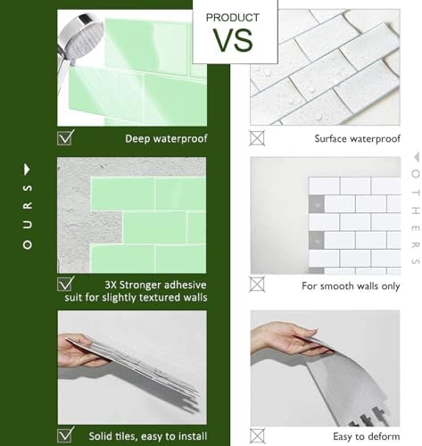 STICKGOO 10-Sheet Backsplash Peel and Stick Subway Tile, Self Adhesive Vinyl Wall Tiles, Stick on Backsplash for Kitchen and Bathroom(Thicker Design, Light Sage) - Image 6