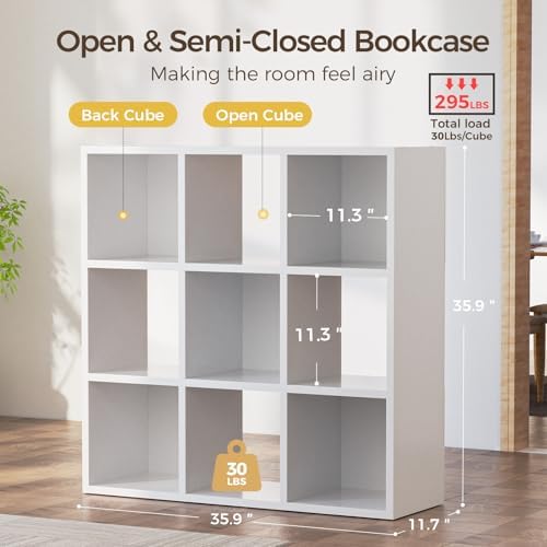COMHOMA 9 Wood Cube Storage Organizer with Open Back and Removable Back Panels, 11In White Cube Storage Bookshelf, Cubicle Shelf Bookcase for Home Office Bedroom Living Room, Vertical or Horizontal - Image 2