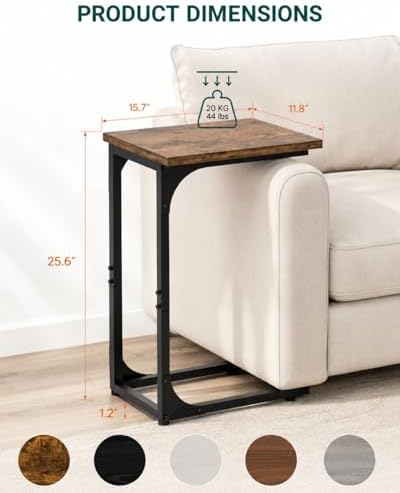 C-Shaped Side Table for Couch - Small Coffee Stand Sofa Tray Desk with Metal Frame and Waterproof Scratch Resistant, Modern End Accent for Living Room, Bedroom, Small Spaces, Rustic Brown - Image 2