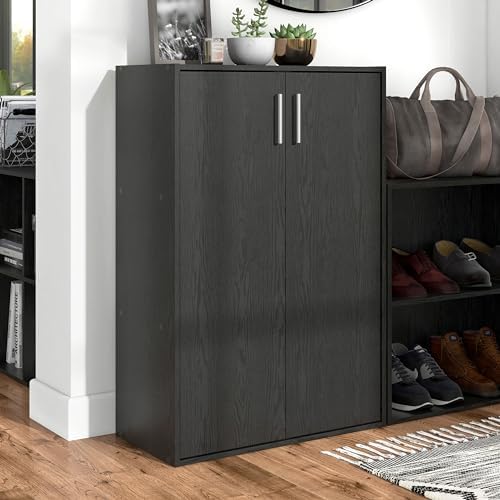 Homes: Inside + Out Apexa 3-Tier Stackable Wood Bookcase with Doors, Cube Storage Organizer Shelves, Small Food Pantry Cabinet, Dorm Teen Room Decor & Bedroom, Home Office, Kitchen, Black - Image 2