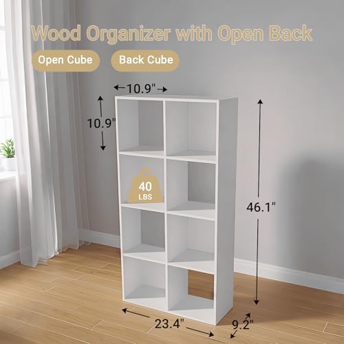 8-Cube Bookshelf, Tall Open Back Storage Shelves, Heavy Duty Wood Cubby Organizer for Small Spaces, Dorm Room Apartment Office, Unit for Book Toy Record Player Display (White, 8-Cube) - Image 3