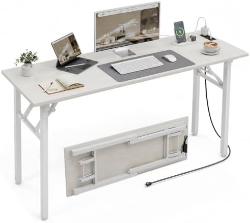 XBurmo Small Folding Desk Folding Table, No Assembly Foldable Desk Gaming Desk, 55.1-Inch Computer Table Workstation with 2 AC Outlets and 2 USB Ports for Bedroom and Home Office, White Ash by XBurmo