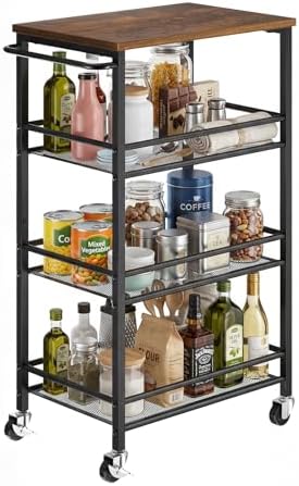 Pipishell Metal 4 Tier Laundry Storage Cart with Wheels, Handle & Wood Top by Pipishell