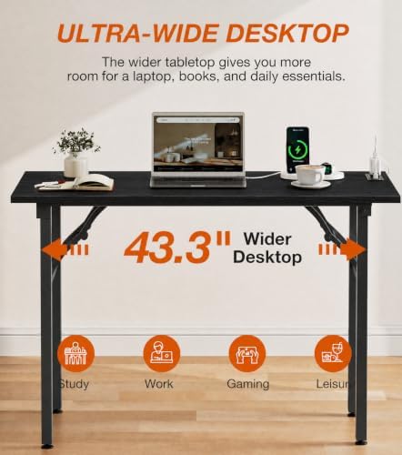 XBurmo Small Folding Desk Folding Table, No Assembly Foldable Desk Gaming Desk, 43.3-Inch Computer Table Workstation with 2 AC Outlets and 2 USB Ports for Bedroom and Home Office, Dark Oak - Image 6