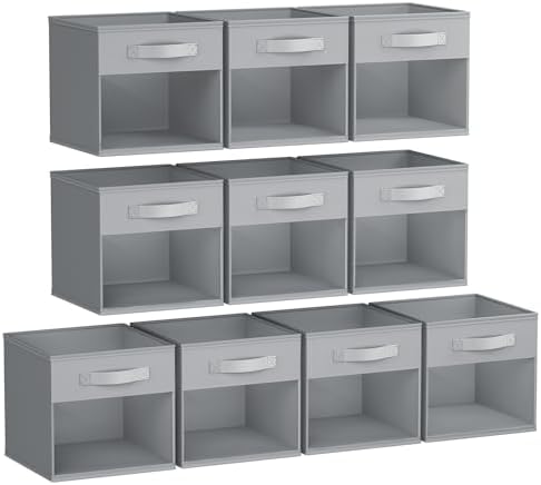 DIMJ Storage Cubes, Cube Storage Bin, 10 Pack Foldable Storage Cubes with Window, Closet Storage Bins with Handle, 11x 11 inch Storage Box for Clothes, Toys, Books (Grey) by DiMJ