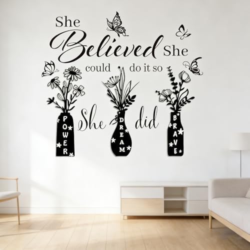 Inspirational Wall Stickers for Women - She Believed She Could Motivational Quote Decal with 3 Floral Vases & Butterflies, Removable Vinyl Decor for Bedroom, Home Office Decor - Image 3